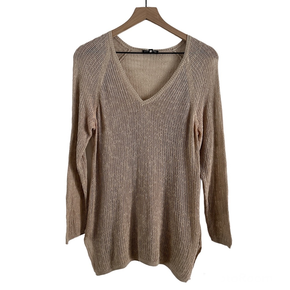 Eileen Fisher Light Brown Organic Linen Blend Open Knit V-Neck Sweater Women’s S